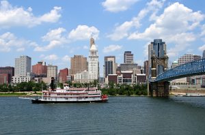 A view of the Cincinnati skyline from the river.