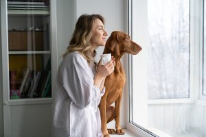 Woman and dog looking out of an awning window