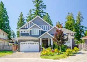 A perfect neighbourhood. Houses in suburb at Summer in the north America. Luxury houses with nice landscape.