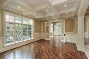 Dining room in new construction home with windowed doors